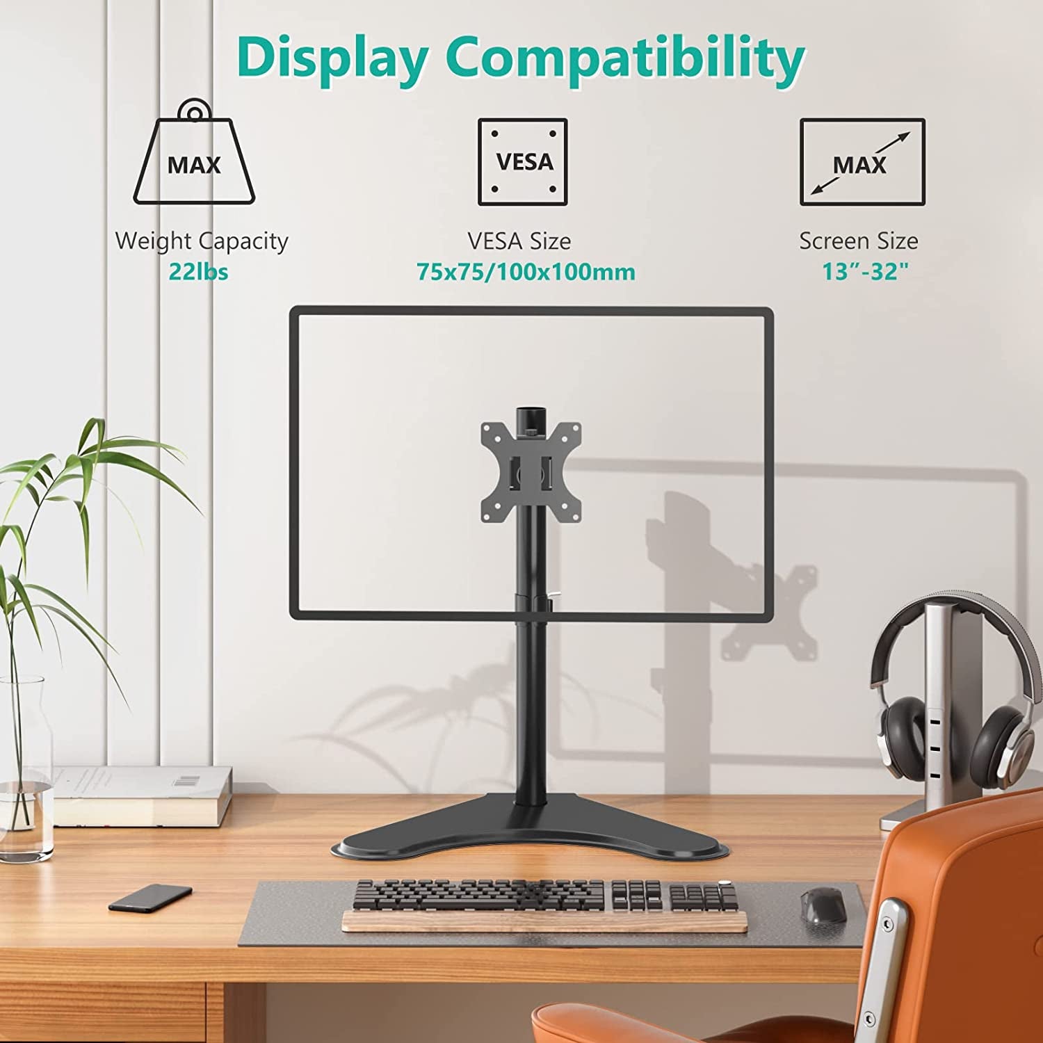 Adjustable Freestanding Monitor Stand for Screens up to 32 Inches, Compatible with HP, Acer, and LG Monitors, VESA Mounting Holes 75 to 100mm, Black