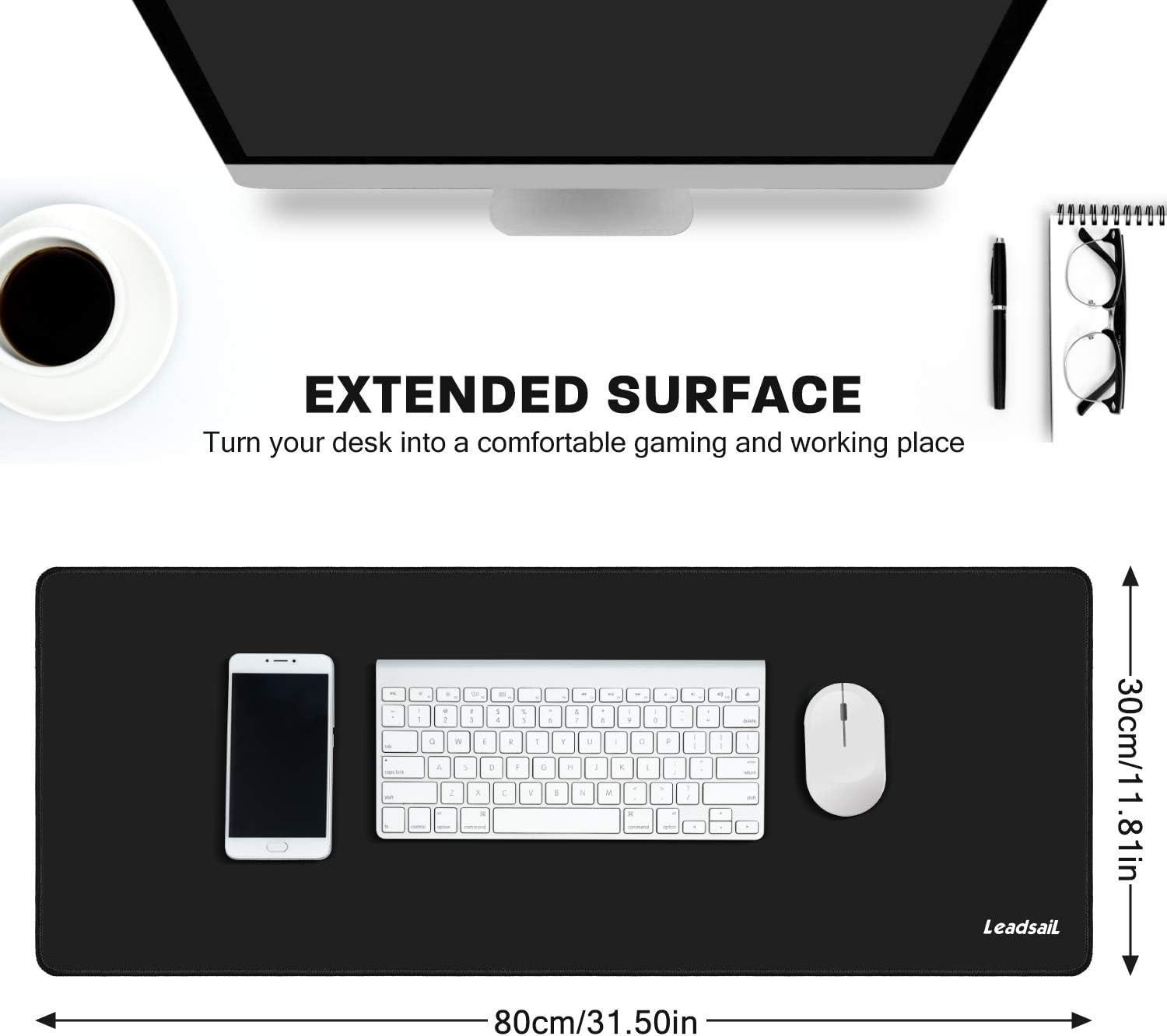 Extended Gaming Mouse Pad (32X12X0.16In), Large Non-Slip Rubber Base Mousepad with Stitched Edges, Waterproof Keyboard Mouse Mat Desk Pad for Work, Game, Office, Home (Large Matt Black)