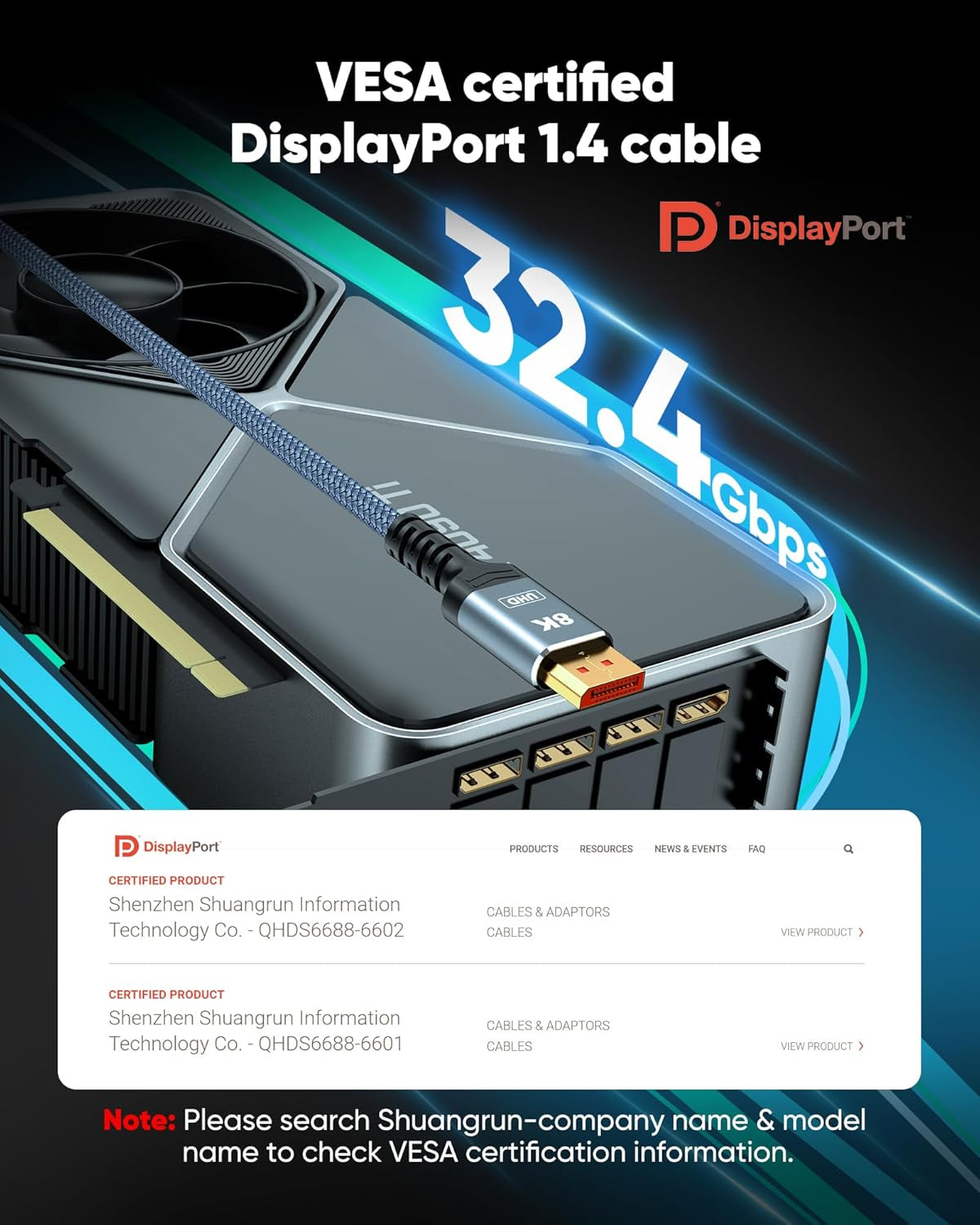 8K Displayport Cable 1.4, VESA Certified 8K 4K DP Cable 6.6Ft, Display Port Cable [8K@60Hz, 4K@144Hz, 2K@240Hz, 32.4Gbps], High Refresh Rate for Gaming Monitor, HBR3, HDR, Graphics Card, PC